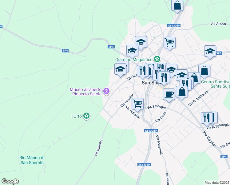 map of restaurants, bars, coffee shops, grocery stores, and more near 37 Via San Sebastiano in San Sperate
