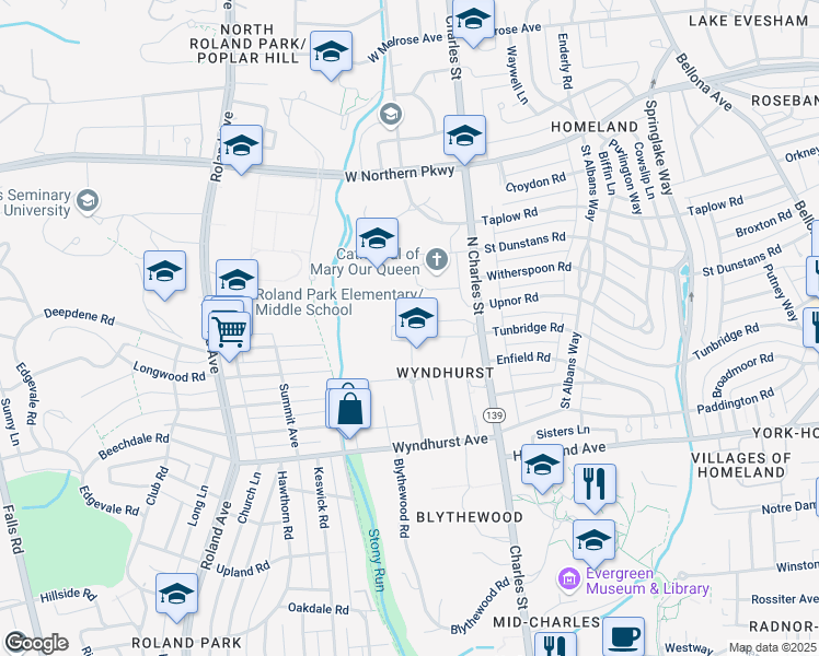 map of restaurants, bars, coffee shops, grocery stores, and more near 5114 North Charles Street in Baltimore