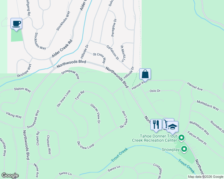 map of restaurants, bars, coffee shops, grocery stores, and more near 13970 Ski View Loop in Truckee