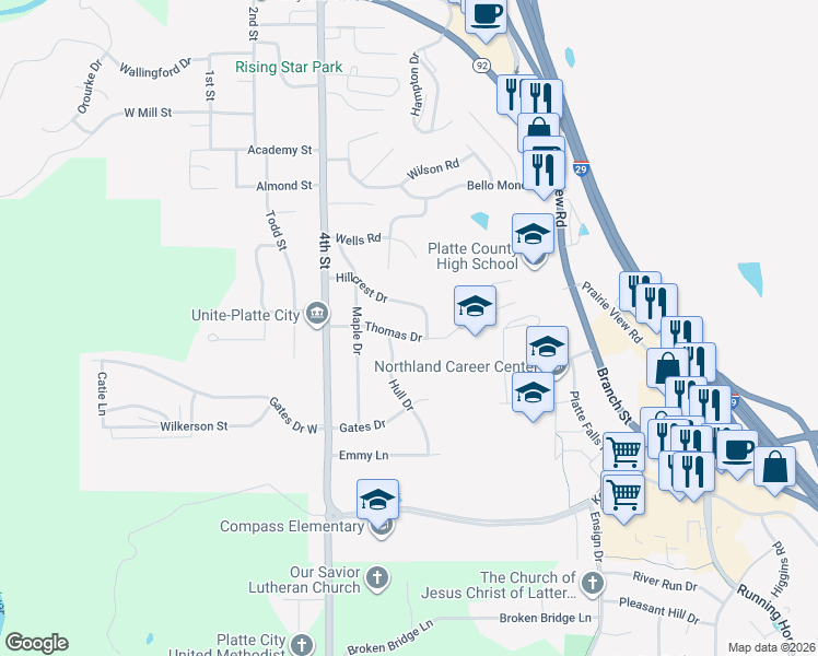 map of restaurants, bars, coffee shops, grocery stores, and more near 520 Thomas Drive in Platte City