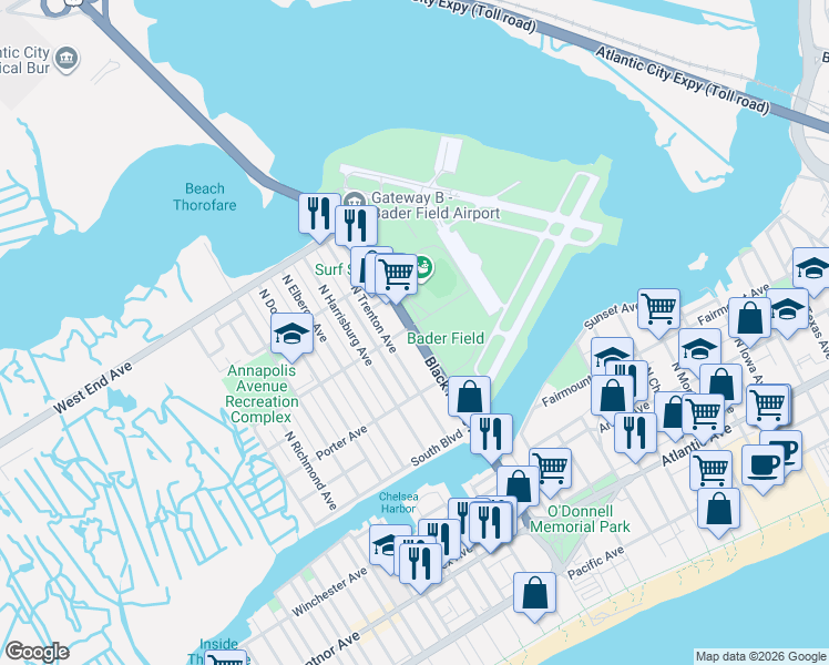 map of restaurants, bars, coffee shops, grocery stores, and more near 470 North Albany Avenue in Atlantic City