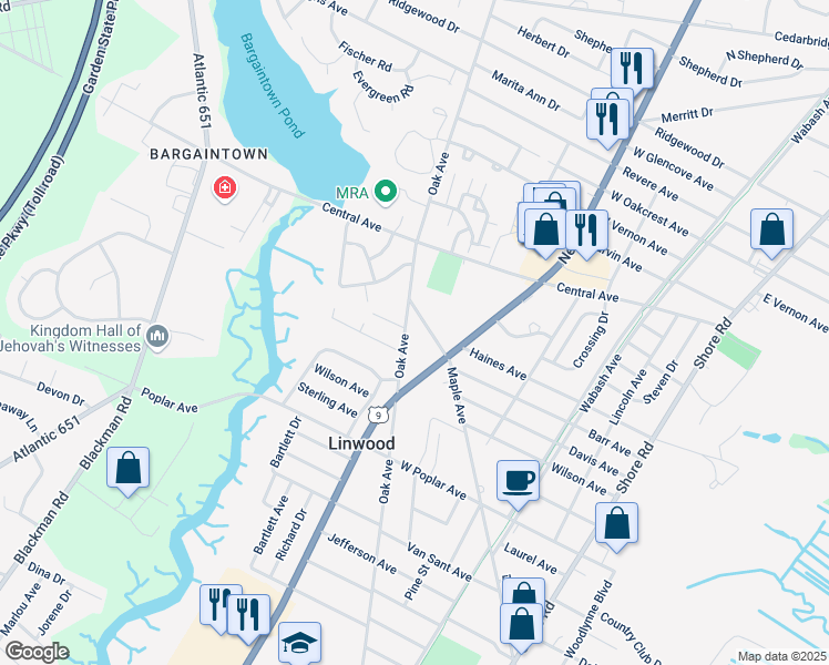 map of restaurants, bars, coffee shops, grocery stores, and more near 536 Maple Avenue in Linwood