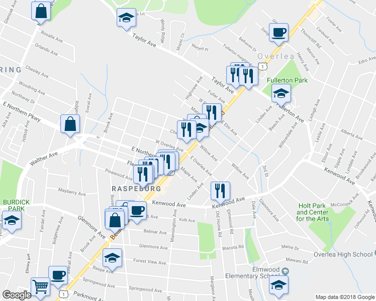 map of restaurants, bars, coffee shops, grocery stores, and more near 4 West Overlea Avenue in Baltimore