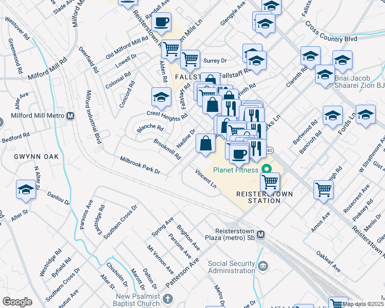 map of restaurants, bars, coffee shops, grocery stores, and more near 4255 Labyrinth Road in Baltimore