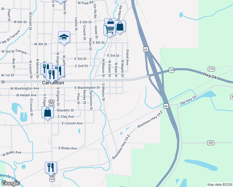 map of restaurants, bars, coffee shops, grocery stores, and more near 900 Marshall Street in Carrollton