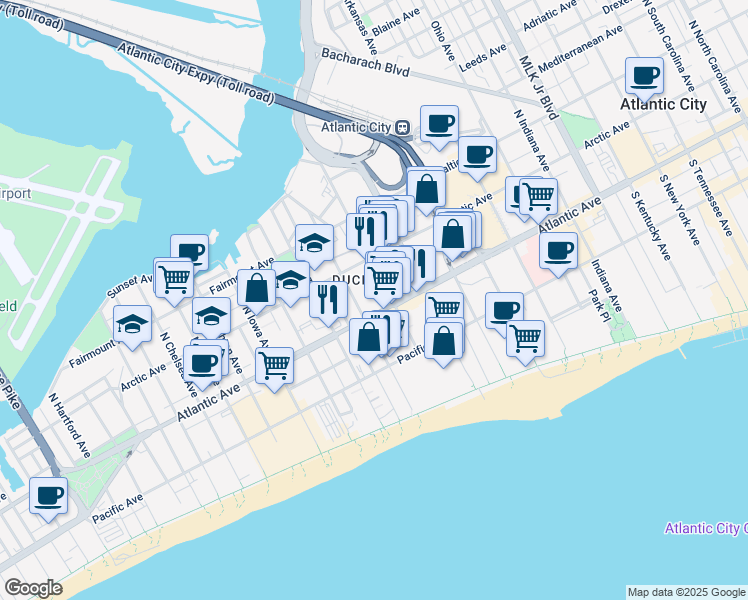 map of restaurants, bars, coffee shops, grocery stores, and more near 7 North Florida Avenue in Atlantic City