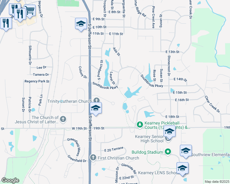 map of restaurants, bars, coffee shops, grocery stores, and more near 215 Southbrook Parkway in Kearney