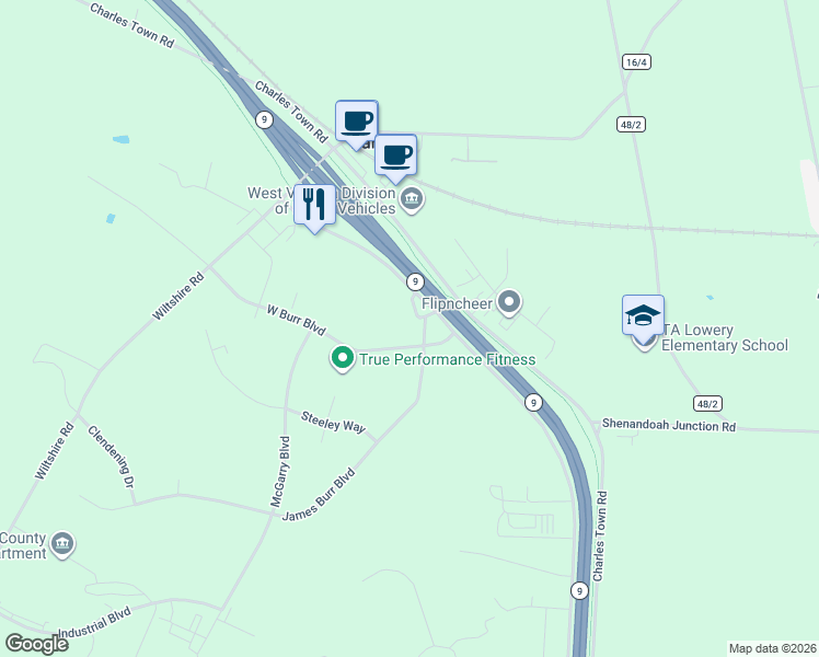 map of restaurants, bars, coffee shops, grocery stores, and more near 475 West Burr Boulevard in Kearneysville