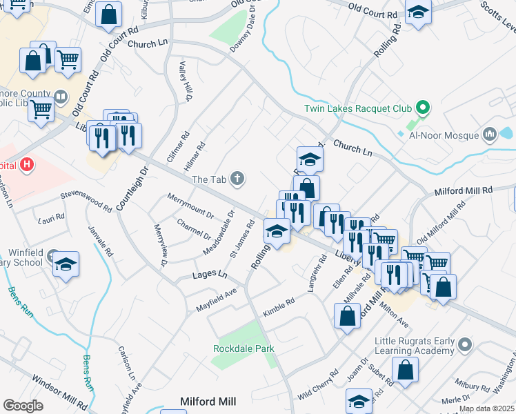map of restaurants, bars, coffee shops, grocery stores, and more near 8316 Liberty Road in Milford Mill