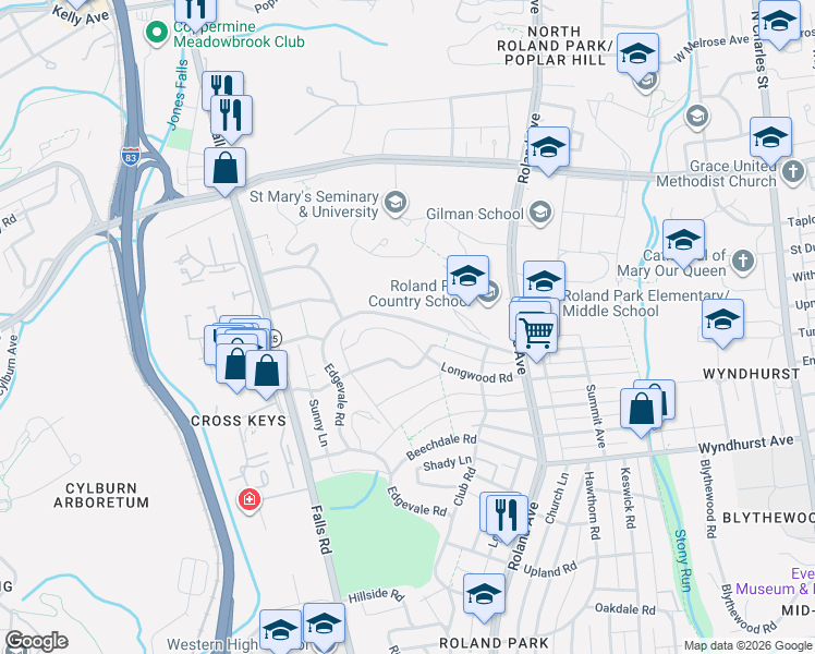 map of restaurants, bars, coffee shops, grocery stores, and more near 206 Longwood Road in Baltimore