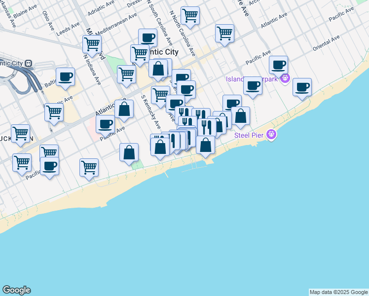 map of restaurants, bars, coffee shops, grocery stores, and more near 1517 Boardwalk in Atlantic City