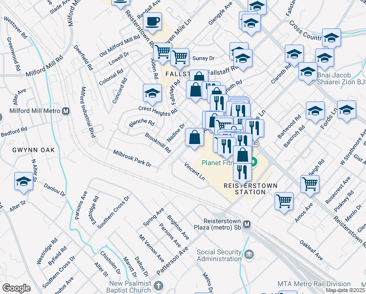 map of restaurants, bars, coffee shops, grocery stores, and more near 4253 Labyrinth Road in Baltimore