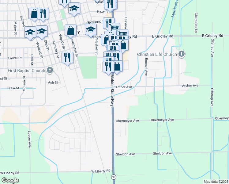 map of restaurants, bars, coffee shops, grocery stores, and more near 1434 California 99 in Gridley