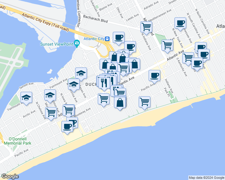 map of restaurants, bars, coffee shops, grocery stores, and more near 36 South Mississippi Avenue in Atlantic City