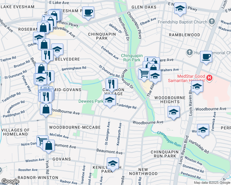 map of restaurants, bars, coffee shops, grocery stores, and more near 5563 Midwood Avenue in Baltimore