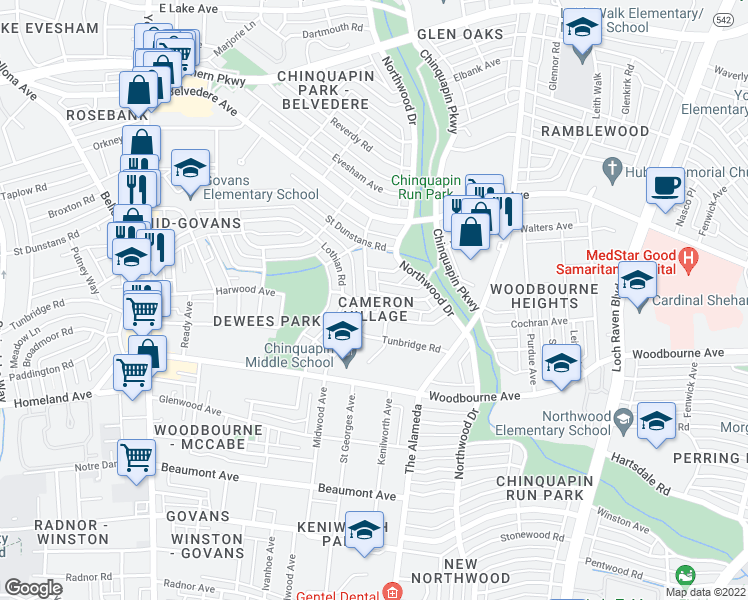 map of restaurants, bars, coffee shops, grocery stores, and more near 5563 Midwood Avenue in Baltimore