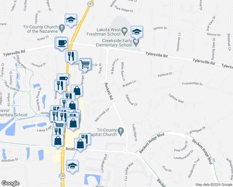 map of restaurants, bars, coffee shops, grocery stores, and more near 8019 South Bel Haven Lane in Beckett Ridge