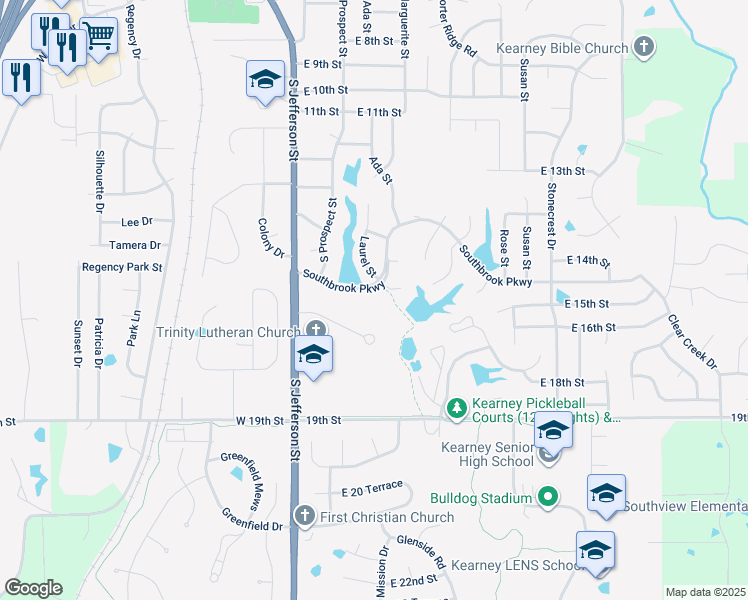 map of restaurants, bars, coffee shops, grocery stores, and more near 215 Southbrook Parkway in Kearney