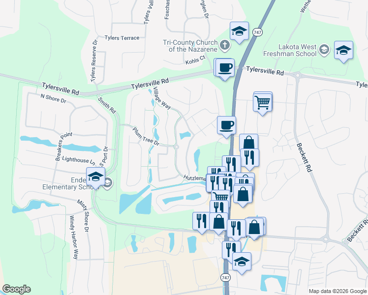 map of restaurants, bars, coffee shops, grocery stores, and more near 8008 Pinnacle Point Drive in Butler County