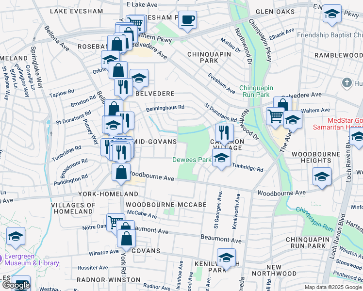 map of restaurants, bars, coffee shops, grocery stores, and more near 619 Harwood Avenue in Baltimore