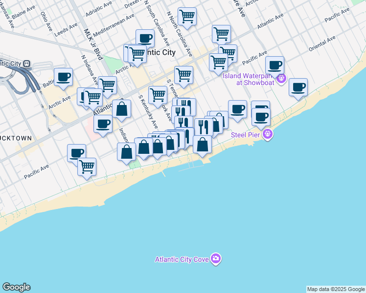 map of restaurants, bars, coffee shops, grocery stores, and more near 1517 Boardwalk in Atlantic City