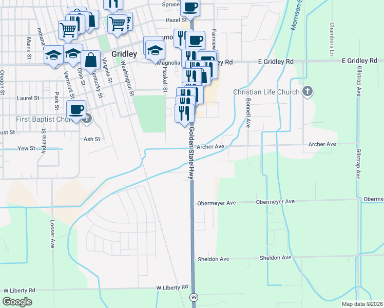 map of restaurants, bars, coffee shops, grocery stores, and more near 1434 California 99 in Gridley