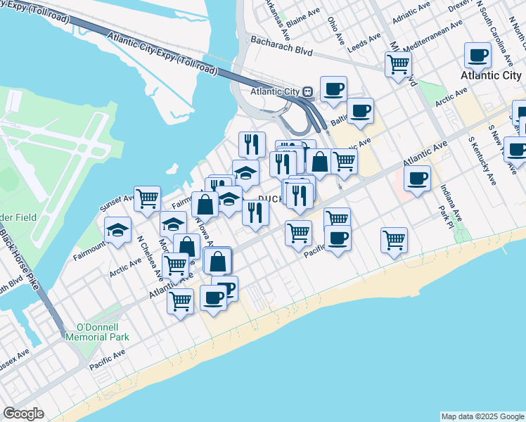 map of restaurants, bars, coffee shops, grocery stores, and more near 27 North Texas Avenue in Atlantic City