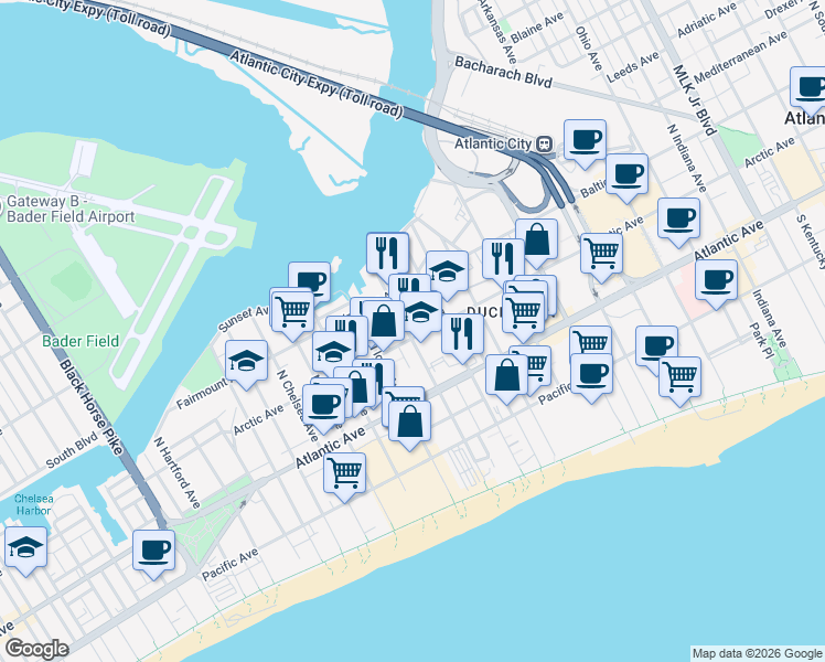 map of restaurants, bars, coffee shops, grocery stores, and more near 2634 Arctic Avenue in Atlantic City