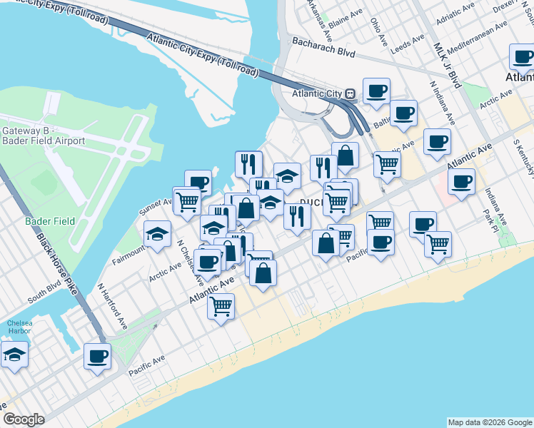 map of restaurants, bars, coffee shops, grocery stores, and more near 2634 Arctic Avenue in Atlantic City
