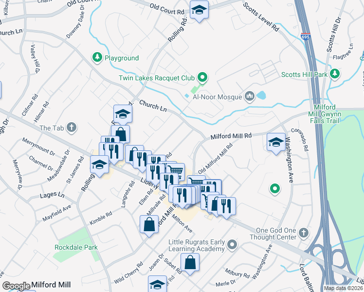 map of restaurants, bars, coffee shops, grocery stores, and more near 3637 Eitemiller Road in Milford Mill