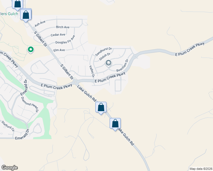 map of restaurants, bars, coffee shops, grocery stores, and more near 2072 Oakcrest Circle in Castle Rock