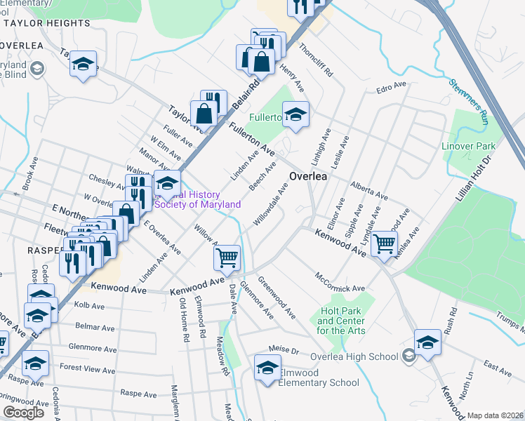 map of restaurants, bars, coffee shops, grocery stores, and more near 7120 Willowdale Avenue in Baltimore