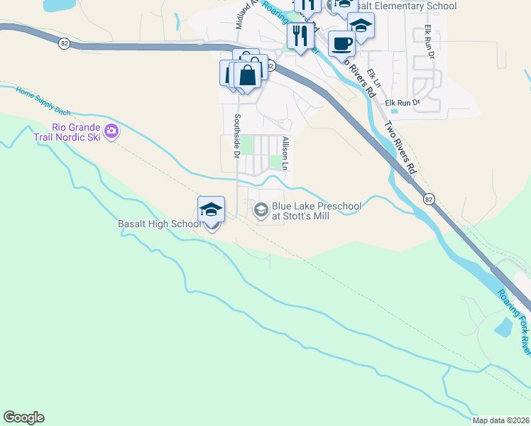 map of restaurants, bars, coffee shops, grocery stores, and more near 400 Lakeside Court in Basalt
