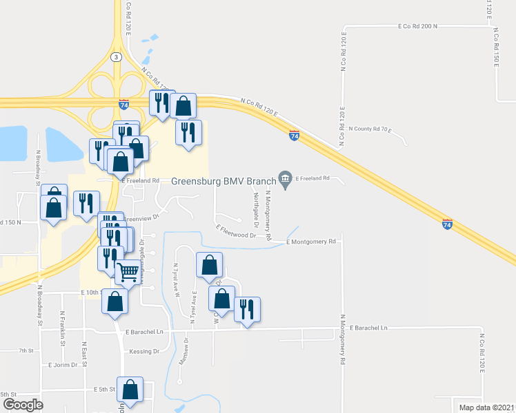 map of restaurants, bars, coffee shops, grocery stores, and more near 2151 Northgate Drive in Greensburg