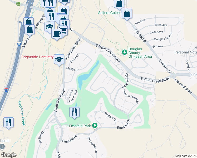 map of restaurants, bars, coffee shops, grocery stores, and more near 1376 Peninsula Circle in Castle Rock