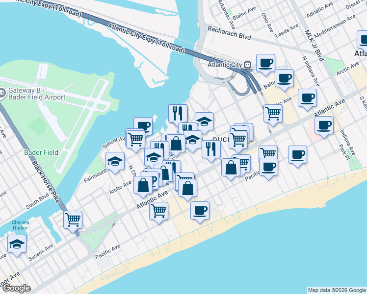 map of restaurants, bars, coffee shops, grocery stores, and more near 104 Maxwell Avenue in Atlantic City