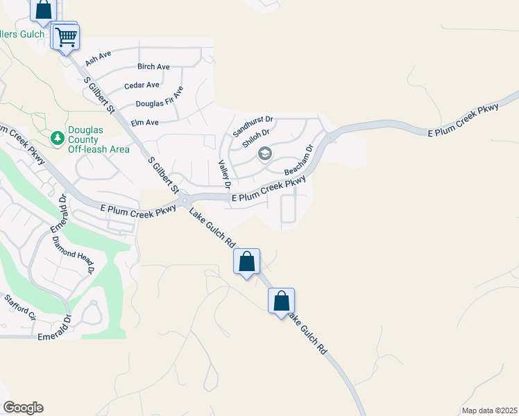map of restaurants, bars, coffee shops, grocery stores, and more near 2074 Oakcrest Circle in Castle Rock