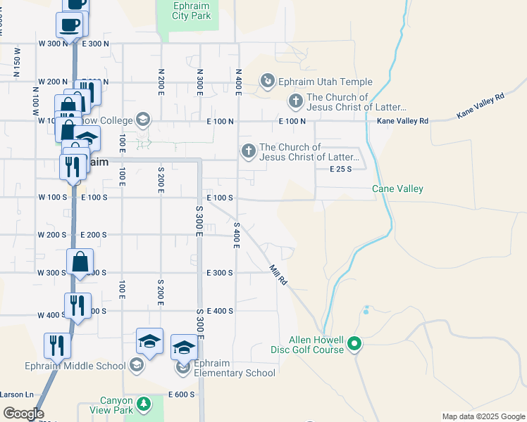 map of restaurants, bars, coffee shops, grocery stores, and more near 165 South 400 East in Ephraim