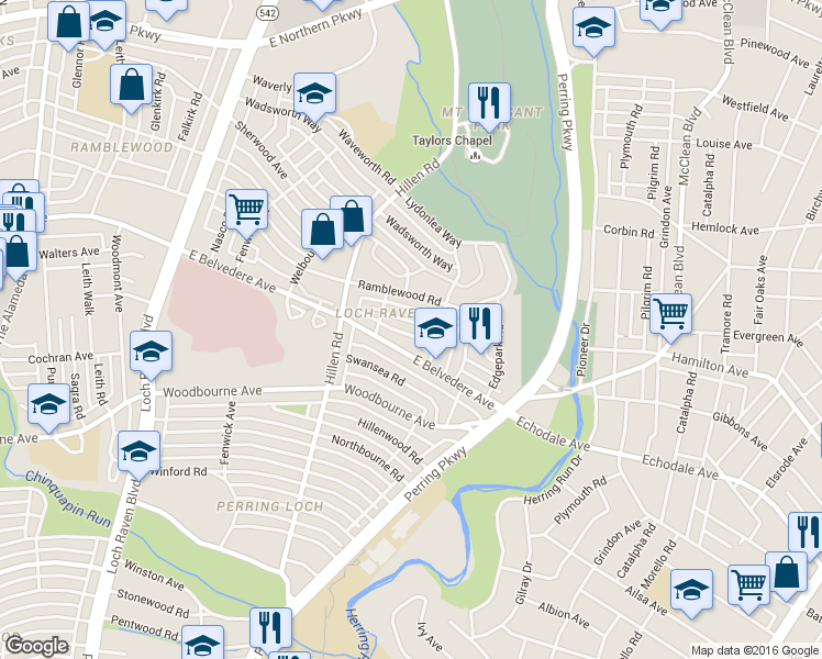 map of restaurants, bars, coffee shops, grocery stores, and more near 1913 Crestview Road in Baltimore