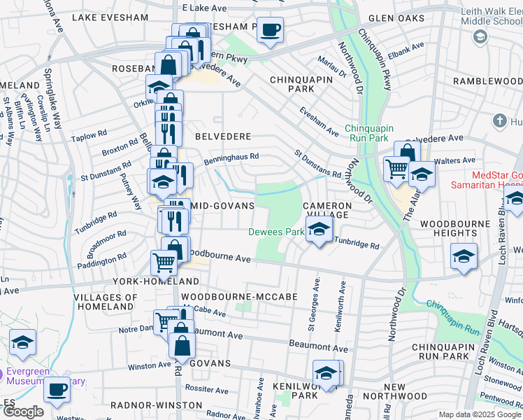 map of restaurants, bars, coffee shops, grocery stores, and more near 619 Harwood Avenue in Baltimore
