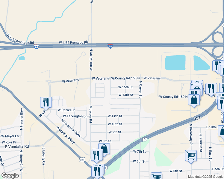 map of restaurants, bars, coffee shops, grocery stores, and more near 829 West 15th Street in Greensburg