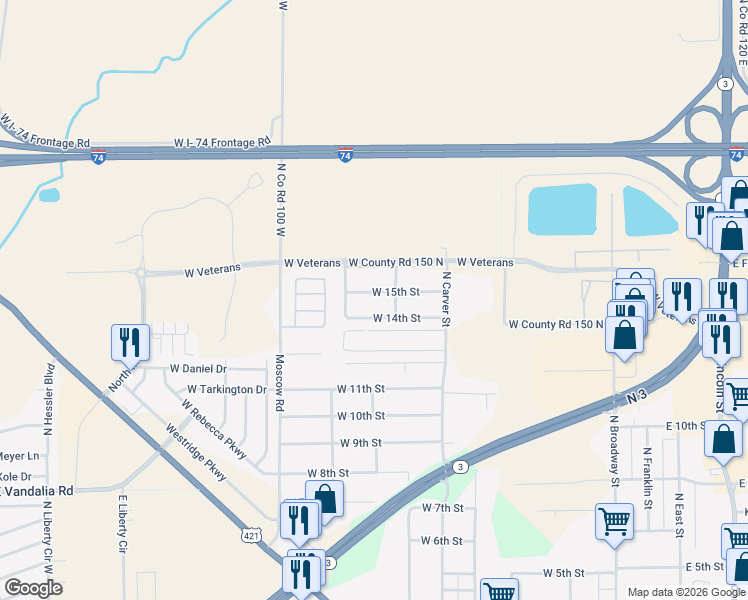 map of restaurants, bars, coffee shops, grocery stores, and more near 714 West 14th Street in Greensburg