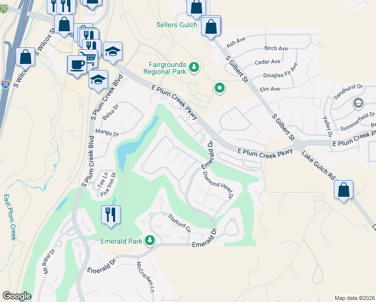 map of restaurants, bars, coffee shops, grocery stores, and more near 1481 Putter Place in Castle Rock