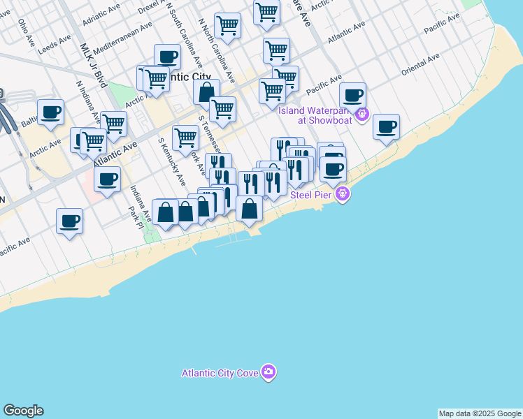 map of restaurants, bars, coffee shops, grocery stores, and more near 1327 Boardwalk in Atlantic City