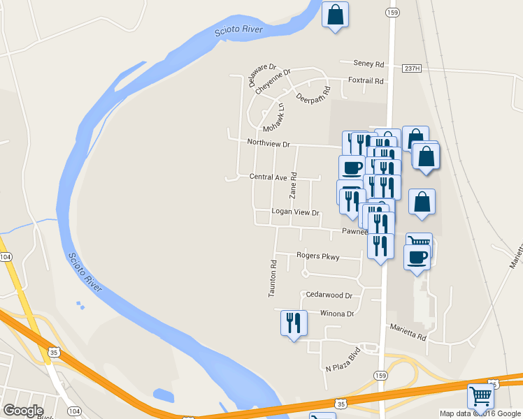 map of restaurants, bars, coffee shops, grocery stores, and more near 321 Logan View Drive in Chillicothe