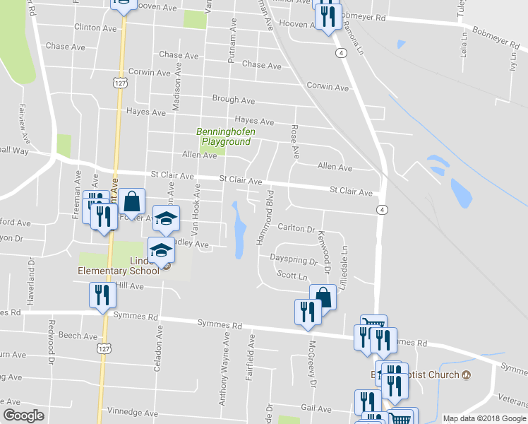 map of restaurants, bars, coffee shops, grocery stores, and more near 3881 Hammond Boulevard in Hamilton