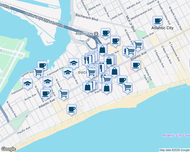 map of restaurants, bars, coffee shops, grocery stores, and more near 2338 Atlantic Avenue in Atlantic City