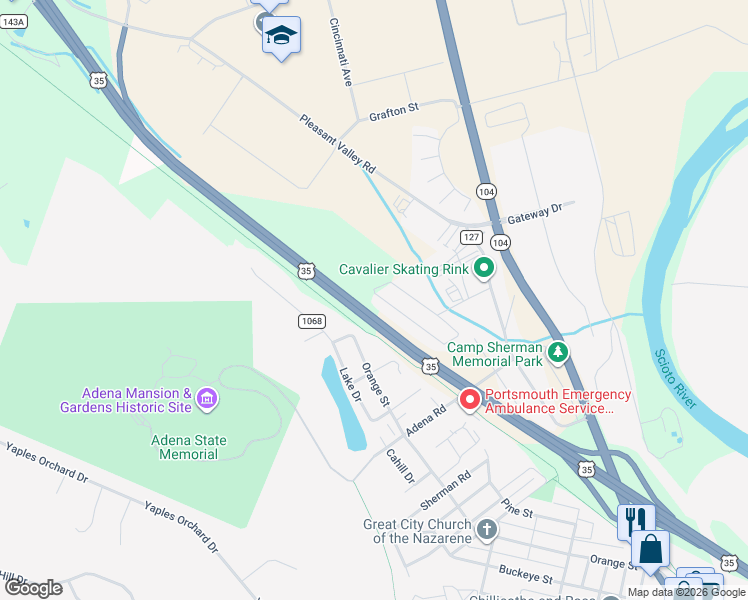 map of restaurants, bars, coffee shops, grocery stores, and more near 14996 Pleasant Valley Road in Chillicothe