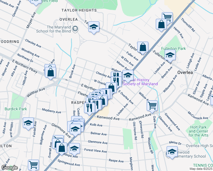 map of restaurants, bars, coffee shops, grocery stores, and more near 3915 West Overlea Avenue in Baltimore