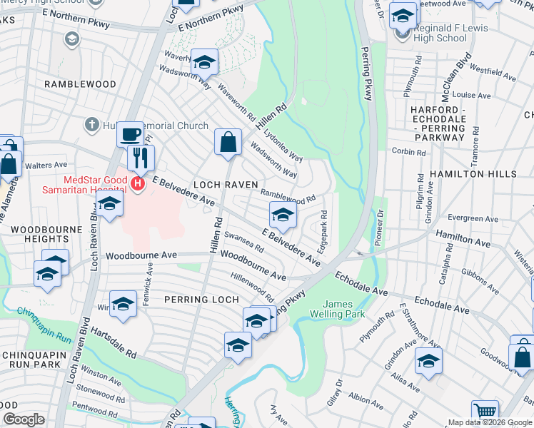 map of restaurants, bars, coffee shops, grocery stores, and more near 1913 Crestview Road in Baltimore